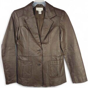 Newport News Vintage Brown Leather Blazer Jacket Women’s 10 90s Minimalist Chic